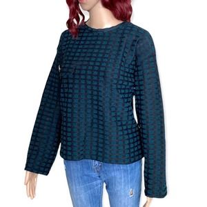 Zara Womens Checkered Boxy Pullover Top Medium Black Green Long Sleeve Loose Fit